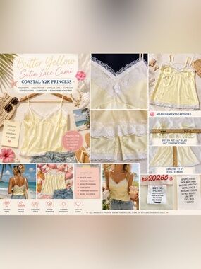 EUC Butter Yellow Satin Lace Cami XL Coastal Y2K Coquette Summer Beach Top Retro